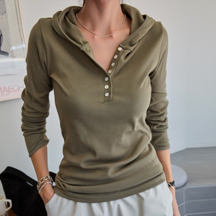 [나크21] (S~XL) 후드포인트 버튼넥 티셔츠 KO11-T-07