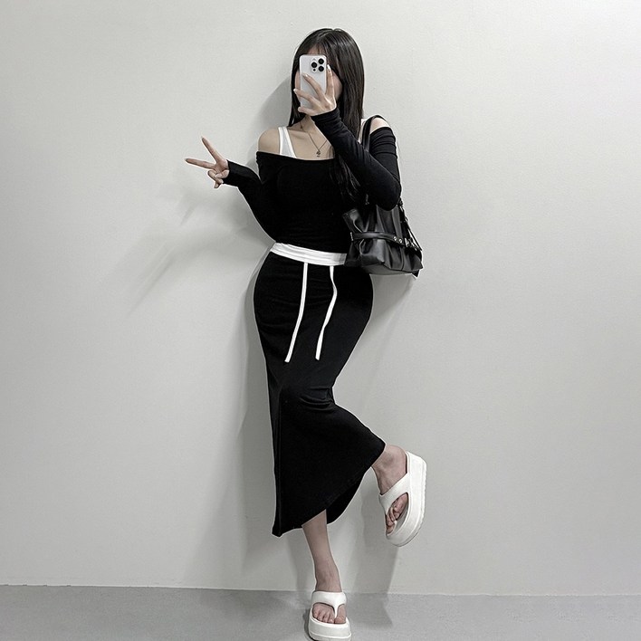 VANANA2 국내제작 여성 배색 레이어드 밴딩 롱스커트 꾸안꾸 트레이닝 상하의 세트
