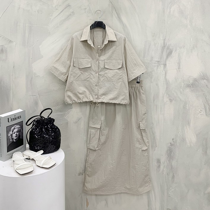 행복여 다이프 포켓 카라 셔츠 밴딩 스커트 세트