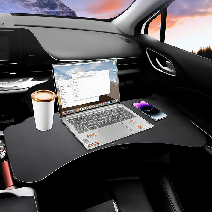 SEAMETAL 차량용 가죽 접이식 테이블 업무용 식사용 다용도 접이식 테이블 차량용 풀딩 식탁 차량용 뒷자리 조수석 운전석 접이식 식탁 차량용 노트복 거치대, 블랙, 1개