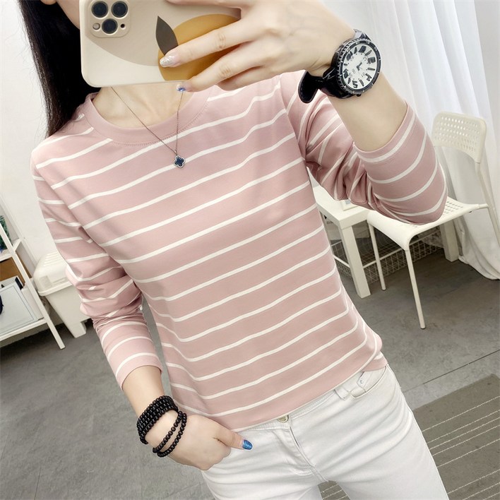 가을신상 여성 긴팔티티단가라티셔츠긴팔 면 티루즈핏 슬림핏여자 라운드티셔츠빅사이즈 줄무늬티셔츠 상의