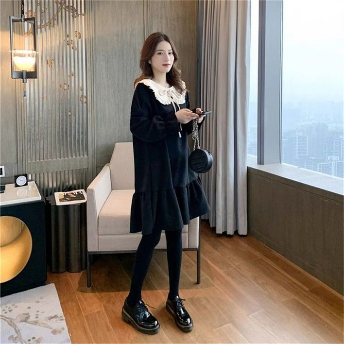 Vezri 여성용 가을 겨울 양털 소재 셔링 원피스 귀여운 리본 칼라 A라인 드레스 긴소매