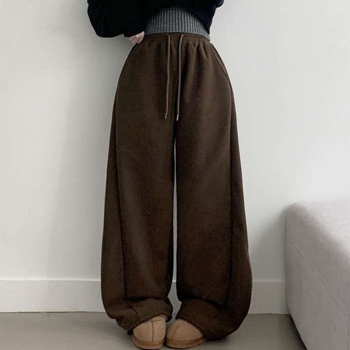 부기샵 융기모 퍼른 골덴 와이드핏 사이드 폴링 핀턱 롱 밴딩팬츠