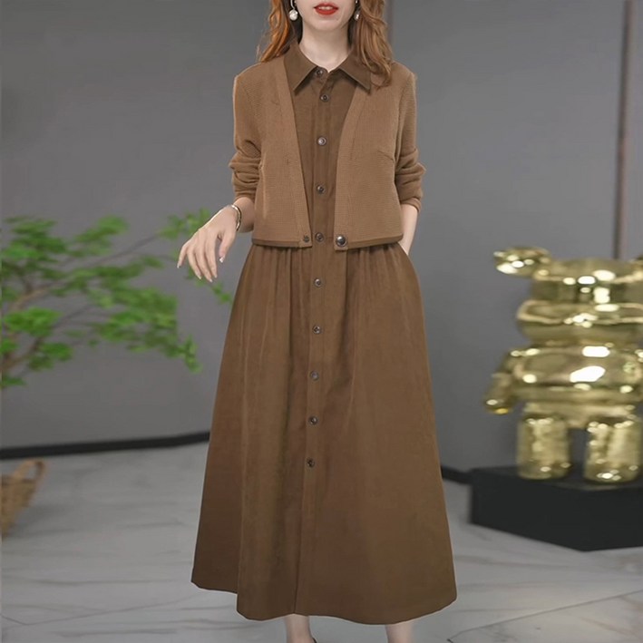 아뗄릭 페이크 가디건 카라넥 긴팔 미디 원피스 02871