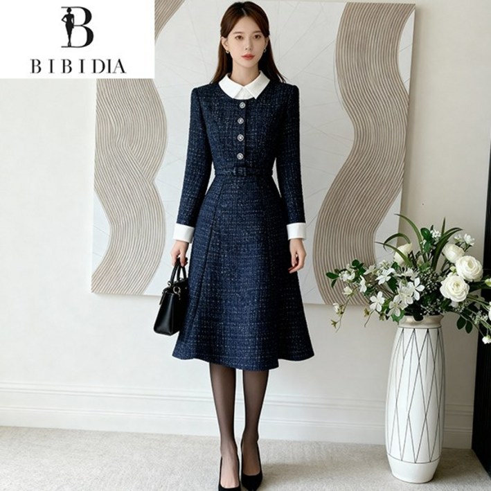 비비디아 여성 봄가을 오피스룩 배색 슬림 원피스 정장 스타일 미디 드레스 출근룩5576