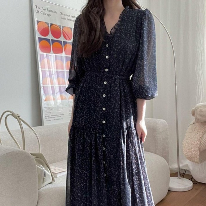 여성 봄 가을 브이넥 셔링 긴팔 롱 원피스 네이비 룩 결혼식 봄쉬폰 퍼프소매 하객