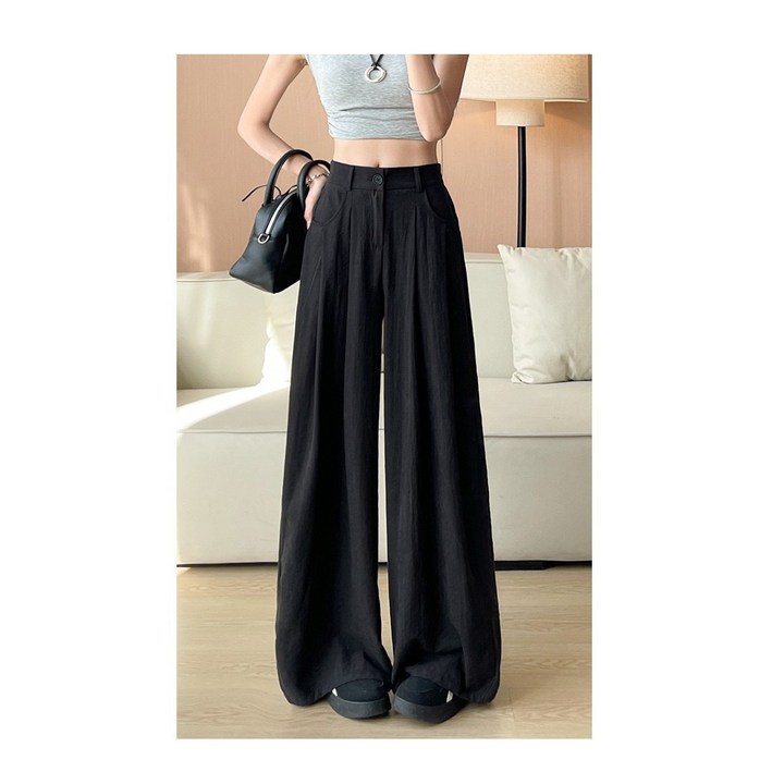 포포픽 슬림핏 하이웨이스트 코디네이션 아이스 실크 드레이핏 캐주얼 와이드 핏 린넨 슬랙스 팬츠