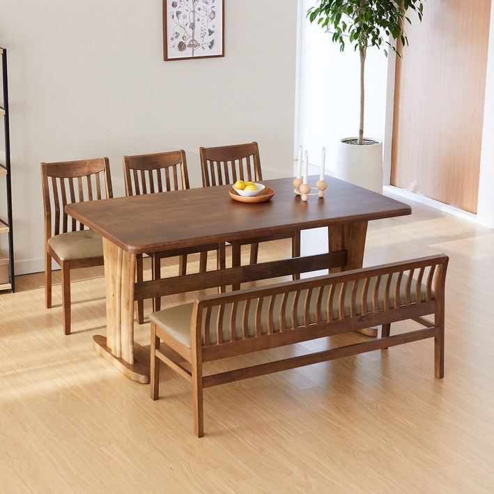 베스트리빙 고무나무 통원목 츠카 제니 6인 식탁 테이블세트/의자3개+일반형벤치의자 2colors, 월넛 7136458100