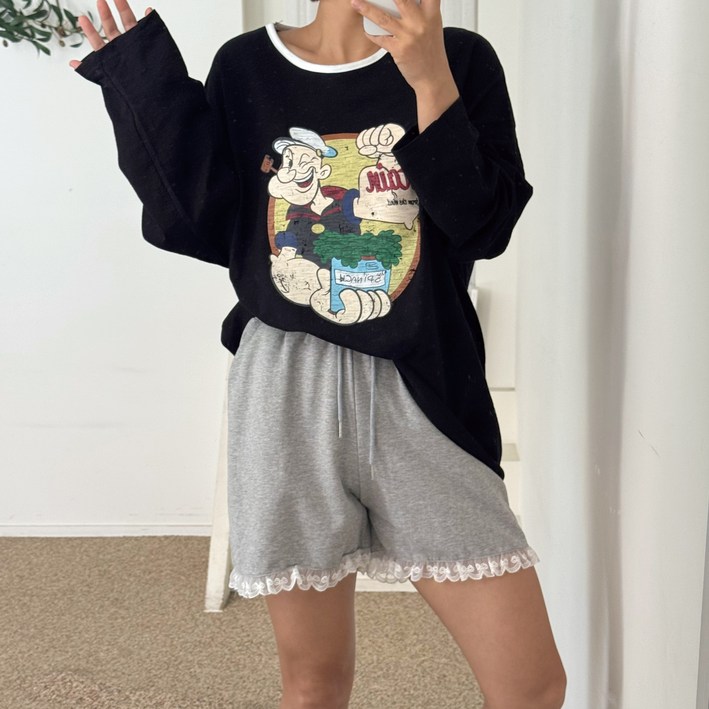 에이치스 빈티지 뽀빠이 프린팅 배색 랍빠 라운드넥 박시핏 롱 슬라브 긴팔티