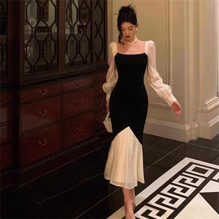 Vezri 여성용 봄 가을 신상 배색 컬러 스퀘어넥 슬림핏 머메이드 고급스러운 롱 원피스 SKZ222