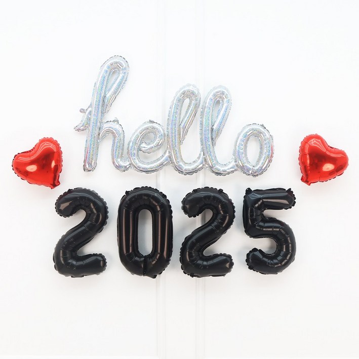 파티짱 hello 2025 하트 풍선 세트 소문자 신년회 연말파티 해피뉴이어, 실버블랙레드
