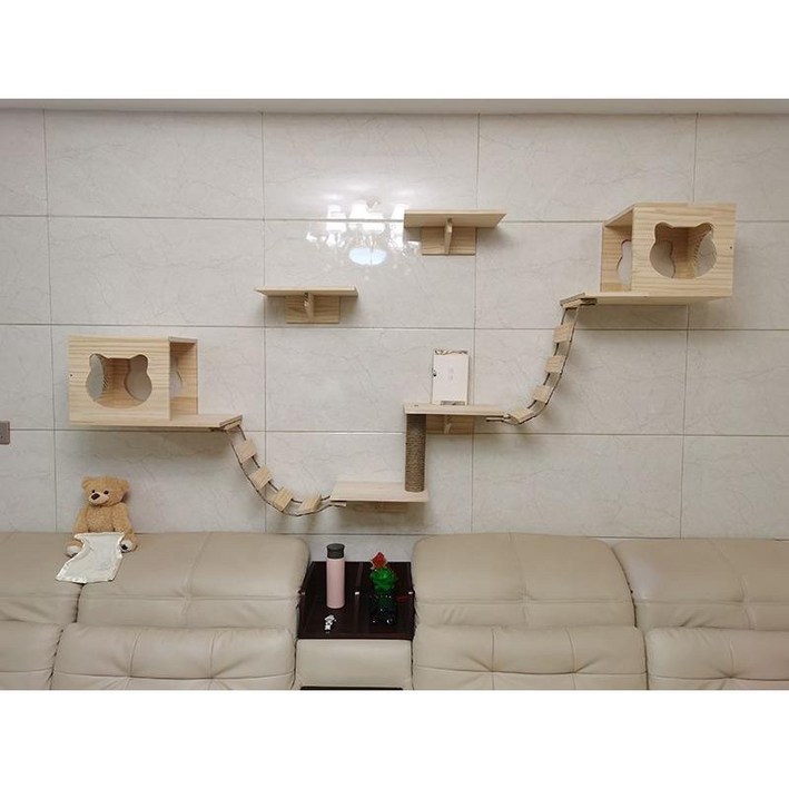 고양이 원목캣타워 벽선반 점프대 튼튼한 구름다리 놀이터 캣스텝 벽걸이 빌라 캣월 하우스