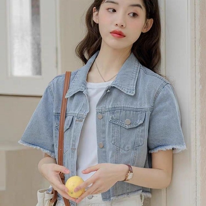 COSYEVNO 여성 숏 반팔 청자켓 오버핏 캐주얼 여름 데님 아우터