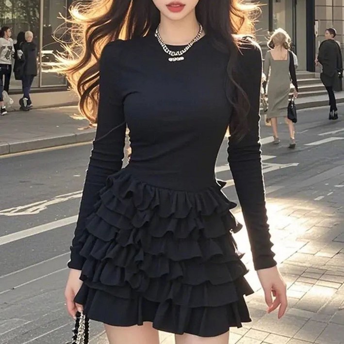 페이준 여성 봄 가을 빅사이즈 원피스 프릴 라운드 긴팔 원피스 케이크 볼륨 스커트 LN438