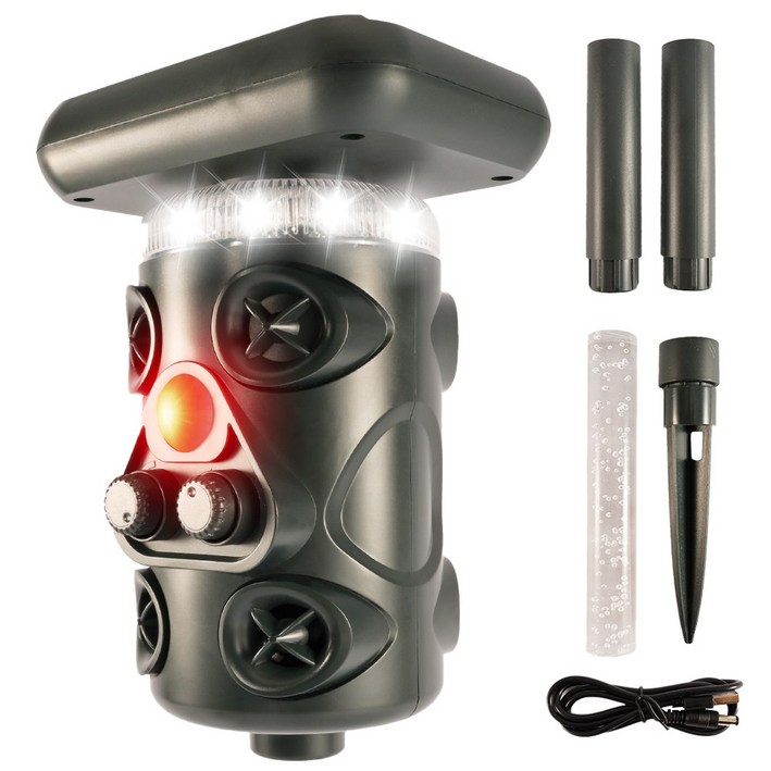 RYNOVEX 360도 태양열 충전 야생동물 퇴치기 4중강력 모드 적외선탐지/초음파/LED섬광/4개스피커 경보음 감광 야간조명 겸용 방수방진 30여종 동물 멧돼지 두더지 고라니