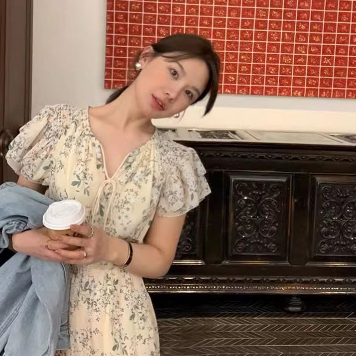 여성 명품 수입 보세 플라워 롱 쉬폰 여름 반팔 원피스 블라우스 데일리룩 고퀄리티