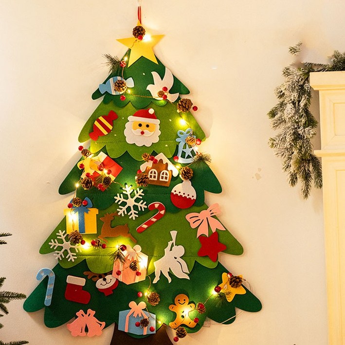 하이나미 DIY 펠트 크리스마스 트리 셀프 벽트리 키트 미니 전구 4단 나무 부직포 소품