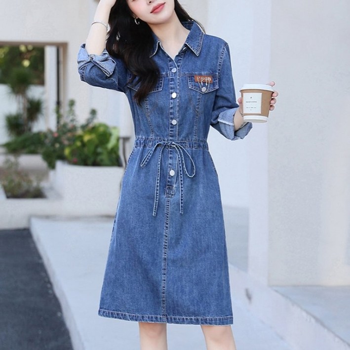 PEROLA 여성 가을 면 조거 셔츠 데님 스커트 하프 A라인 데님 원피스