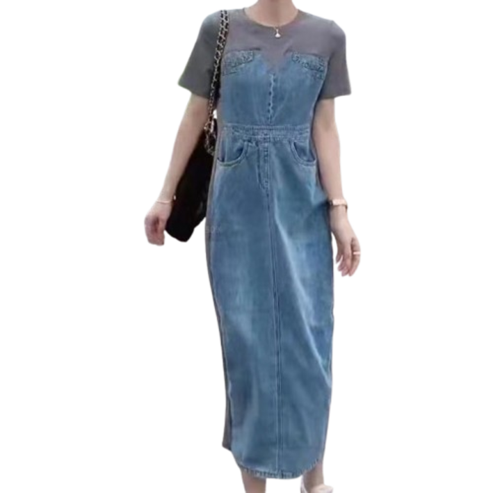 여성용 롱 청치마 반팔 티셔츠