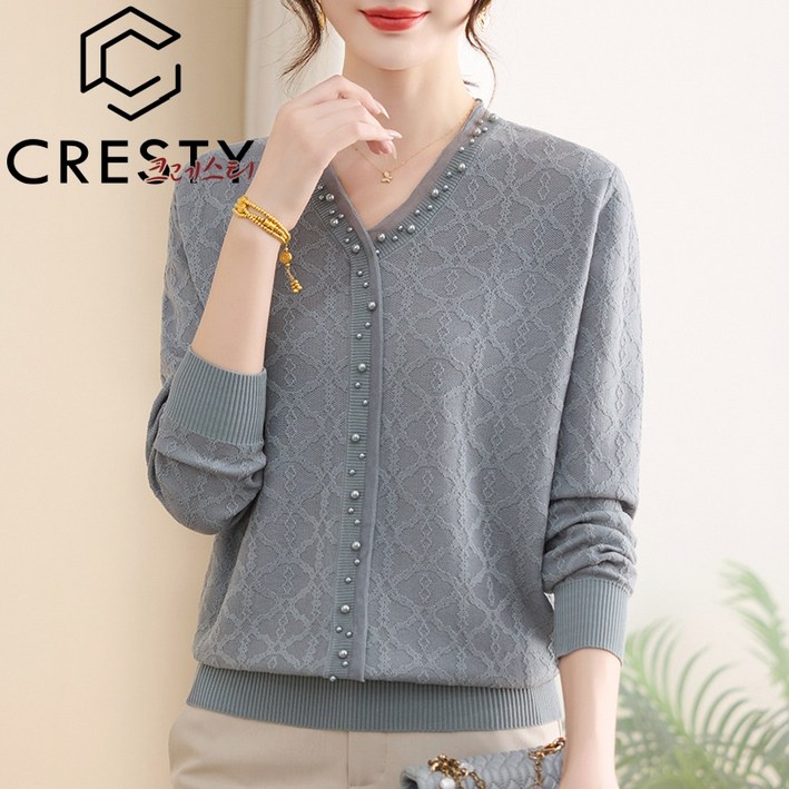 크레스티 추동 중년 여성 브이넥 상의 캐주얼 빅사이즈 긴팔 니트