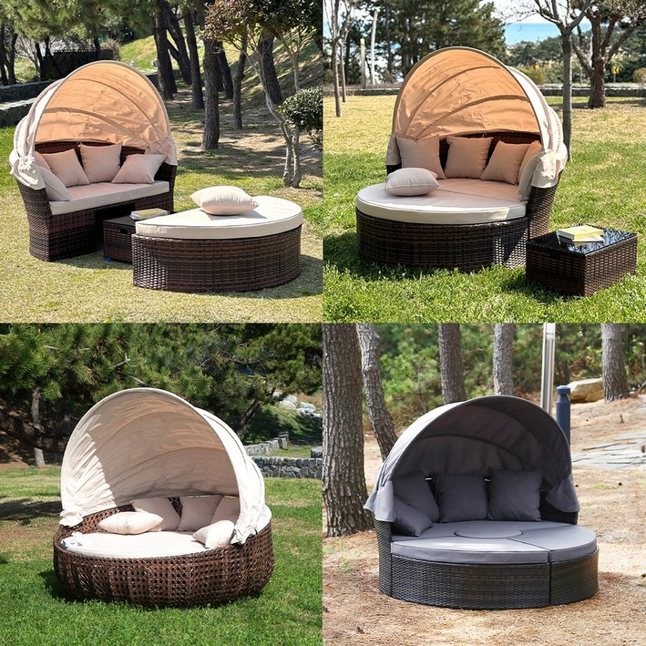 라트 코타키나발루 라탄 원형 썬베드 데이베드 야외테이블세트, 다크브라운-다크그레이