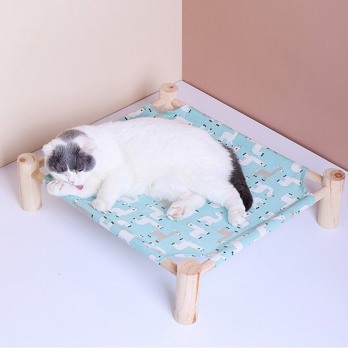 반려동물 고양이 강아지 해먹 침대 원목 이동식 쇼파 의자, 그린블루