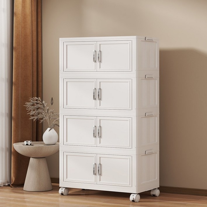 수납장 간편조립 다용도수납장 대용량 접이식 리빙박스 이동식 가정용 주방수납장 거실수납장 의류 수납 양문형 다양한 사이즈 다층형 수납정리함, 4단