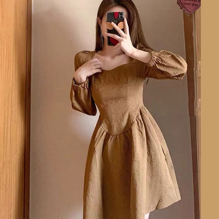 Skyciky 여성 가을 신상 프렌치 퍼프소매 고급스러운 빈티지 A라인 원피스 OO765