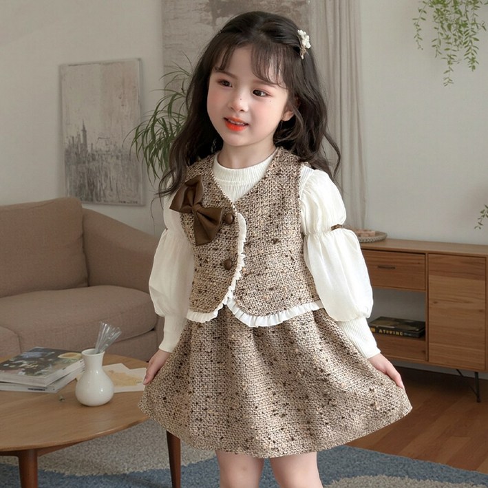 투에그 여아 트위드 리본 베스트 스쿨룩 원피스 세트