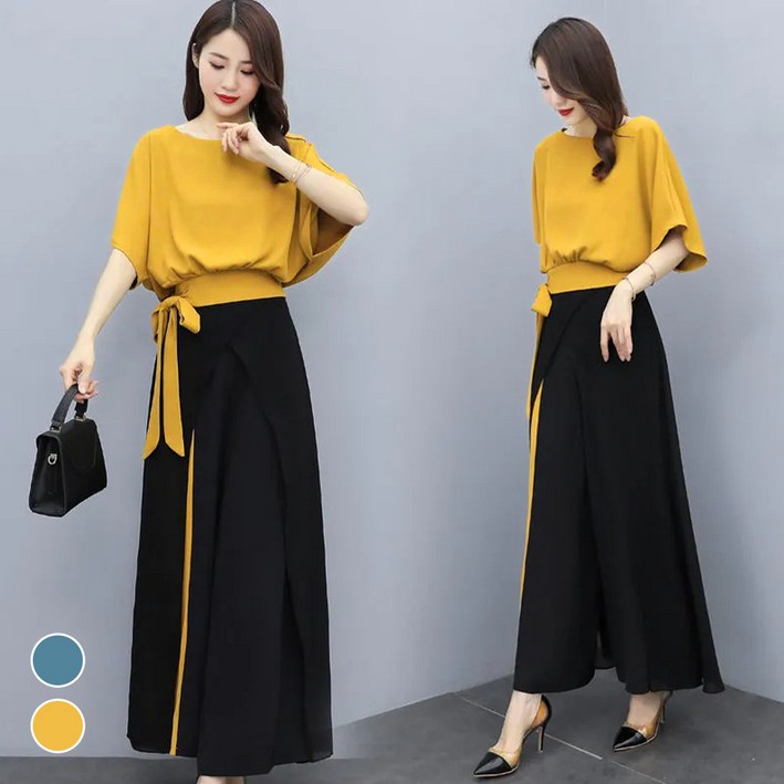 메이리앤 중년여성 여름 세미 정장 스트랩 반팔+와이드 팬츠 투피스 세트