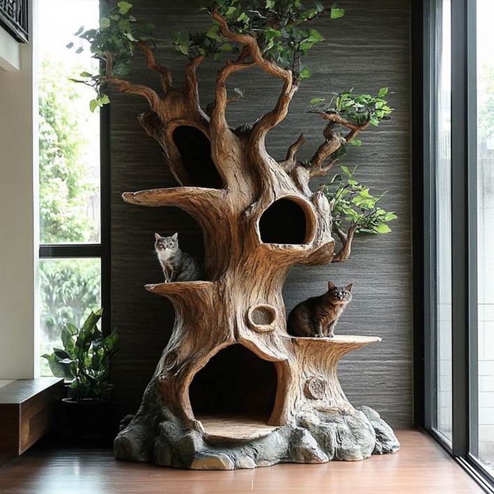 고양이 원목 캣타워 대형 선반캣타워 반려묘 인테리어용 고양이집 등반 놀이기구 숨숨집캣타워 자연스러운 나무 디자인 고양이용품 고양이스크래쳐 포함, 1개, 고양이 나무집 G형 높이 3.0미터