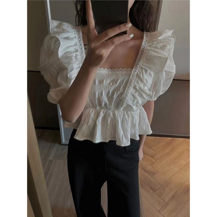 크롭 블라우스 리플 소매 퍼프 프릴 레이스 스퀘어넥 화이트 숏 셔츠