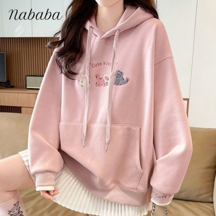 나바바 NT3186 여성 고양이 자수 포인트 긴팔 후드 맨투맨