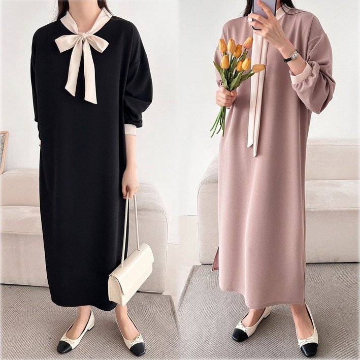 배색 타이 롱 루즈핏 원피스 낙낙하고 편한 간절기 봄 가을 원피스