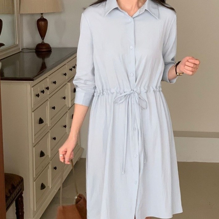 플러리싱  데일리 텐셀 셔츠 허리끈 7부 미디 원피스 플러리싱