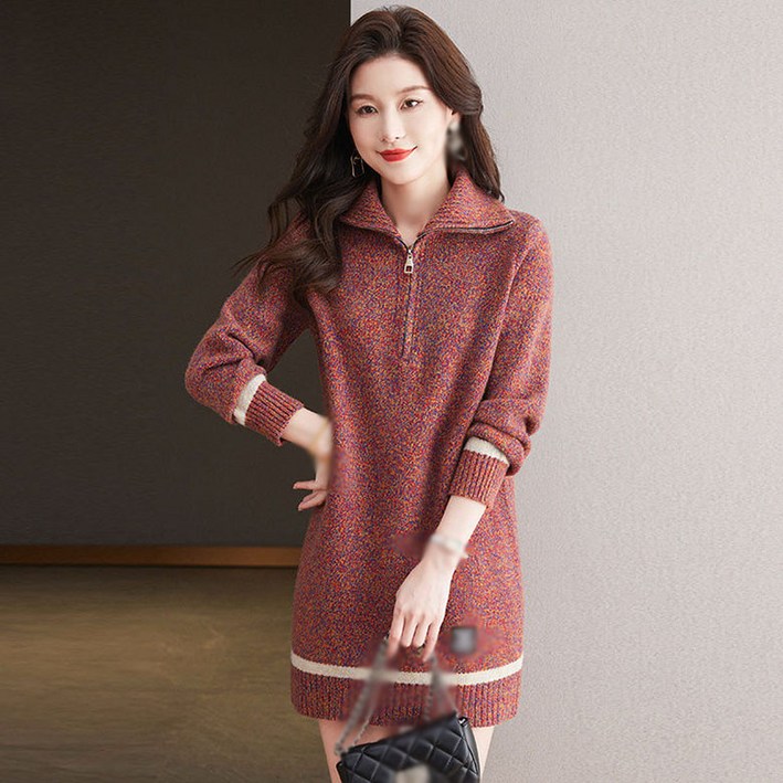 빛깃닥 울니트 반집업 하이넥 니트원피스 긴팔스웨터 롱니트티 루즈핏 배색 봄가을 원피스