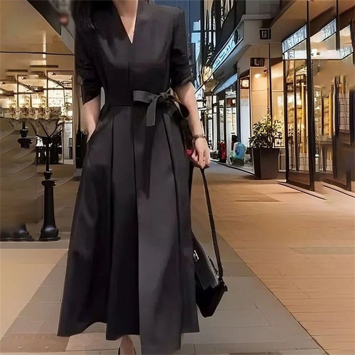 AOKADA 여성 봄 여름 슬림핏 브이넥 A라인 플리츠 리본 오피스룩 하객룩 정장 롱 원피스