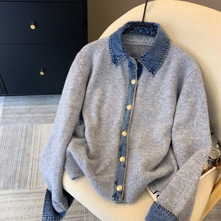 YG-2145 데님 패치워크 니트 가디건