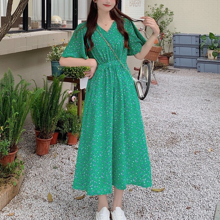 브이넥 5부 소매 플라워 롱 원피스 반팔 여름 치마
