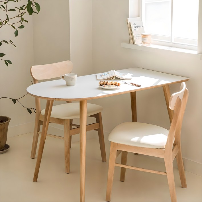 우드레이 소노 반타원 원목 테이블 600, 화이트 + 우드, 2인용