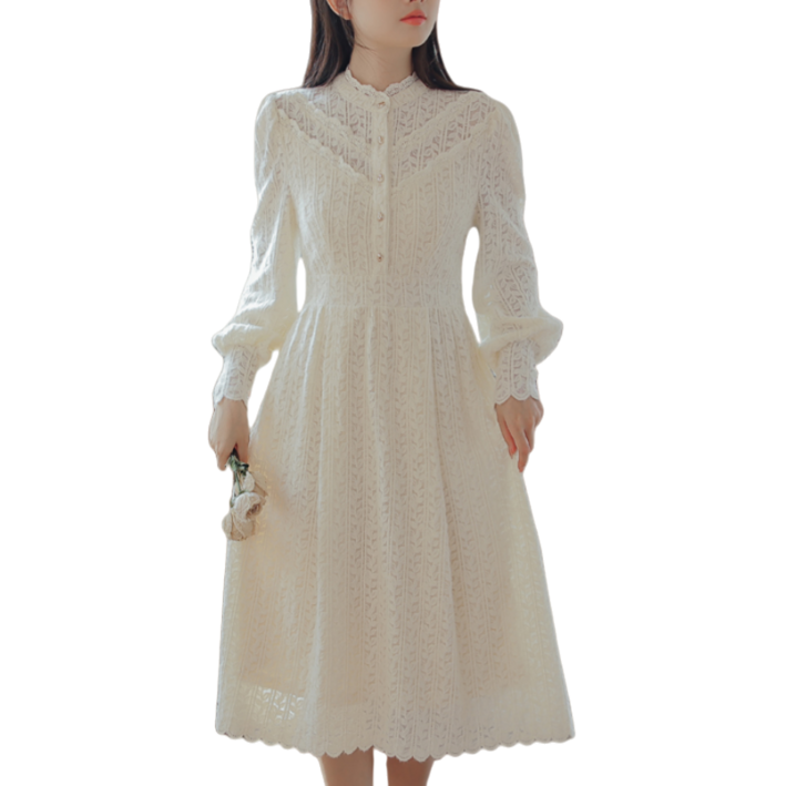 Makone 여성 봄 가을 레이스 라운드넥 롱 원피스