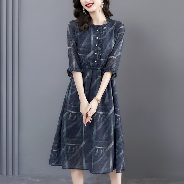 바니드 여성 프릴 라운드넥 여름반팔 엄마원피스 중년 유럽풍 원피스 0817 바니드 여성 프릴 라운드넥 여름반팔 엄마원피스 중년 유럽풍 원피스 0817