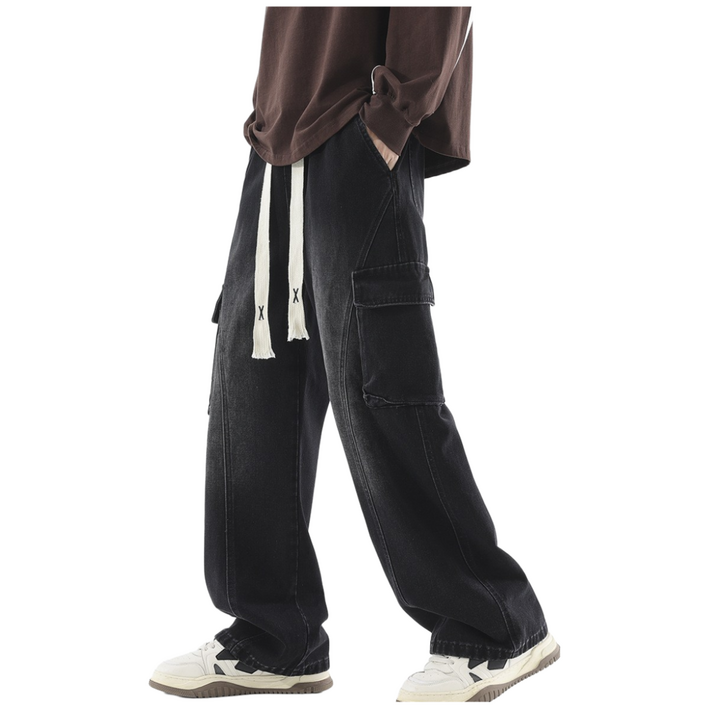 남성용 빈티지 워싱 청바지 입체 포켓 와이드 데님 카고 롱팬츠 와이드 데님 팬츠
