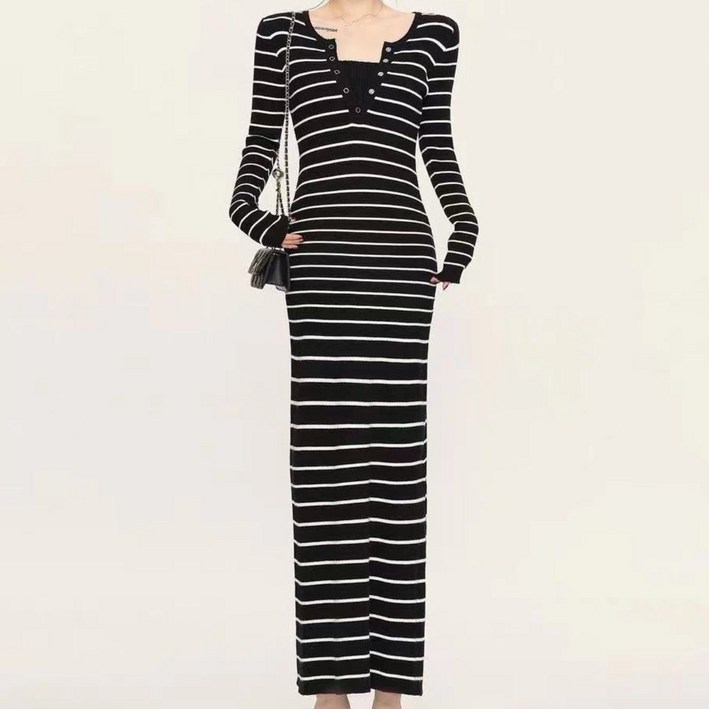 JQS 슬림핏 스트라이프 니트 롱원피스 바디라인 살아나는 하객룩 신축성 좋은 골지핏 드레스 1802