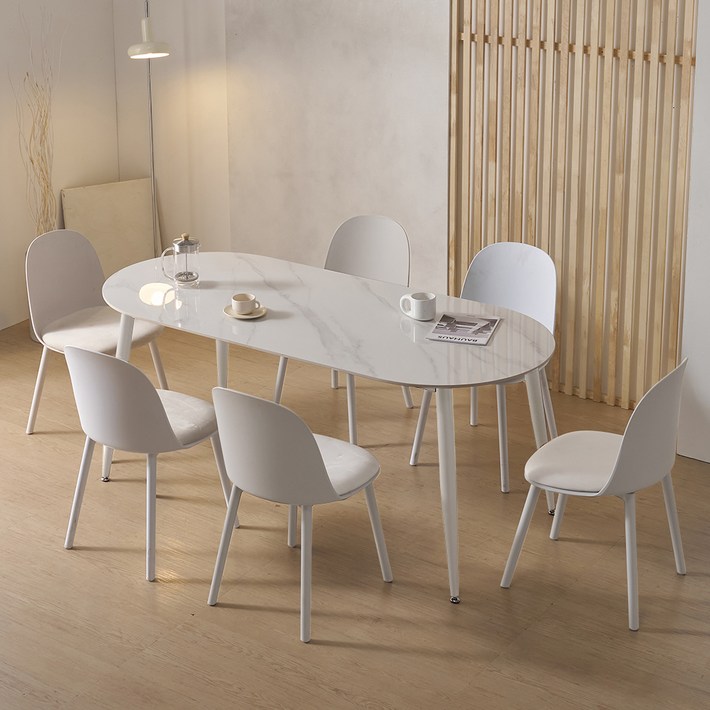 파로마 루미 1800 세라믹 식탁  의자 6P 세트 6인용 방문설치, 식탁화이트, 의자아이보리6P