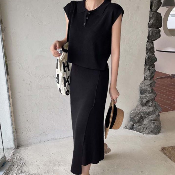 페이퍼먼츠 카라넥 숏 니트 티셔츠  롱 스커트 투피스 세트 04163