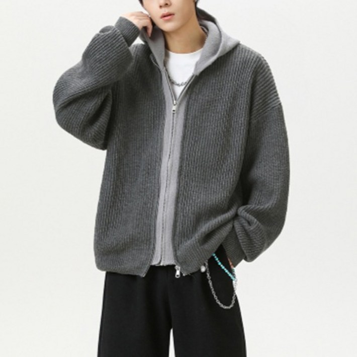 제이티엘 코디 레이어드 후드 컬러 배색 집업 니트