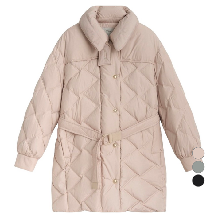 온앤온 여성용 벨티드절개카라중기장구스 점퍼