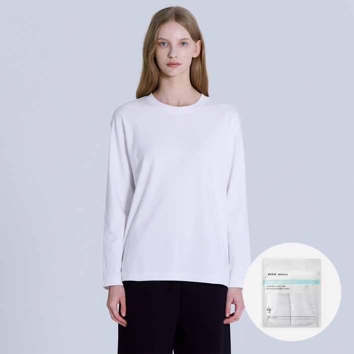 베이직하우스 여성용 통기성 40수 릴렉스핏 라운드 긴팔티셔츠 2종 세트