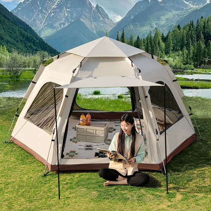 야외 캠핑 여행 육각형 원테치 텐트 그늘막 가족, 56인용, 크림색